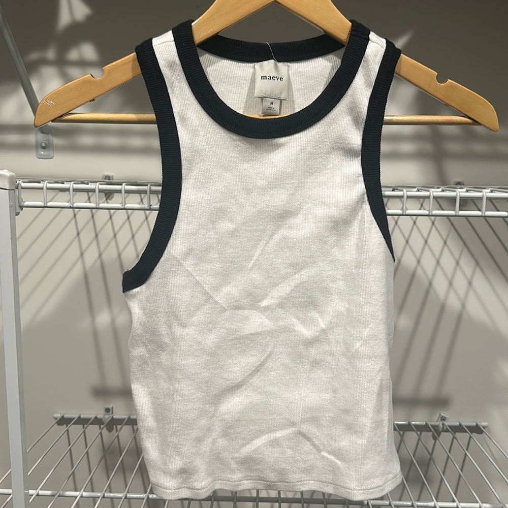 Maeve Ribbed Tank Cropped Ribbed - White with black trim - Medium